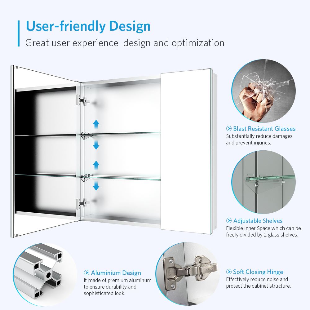 30"x30" Mirrored Medicine Cabinet for Bathroom 2 Door Recessed or Surface Mount, Silver Aluminum