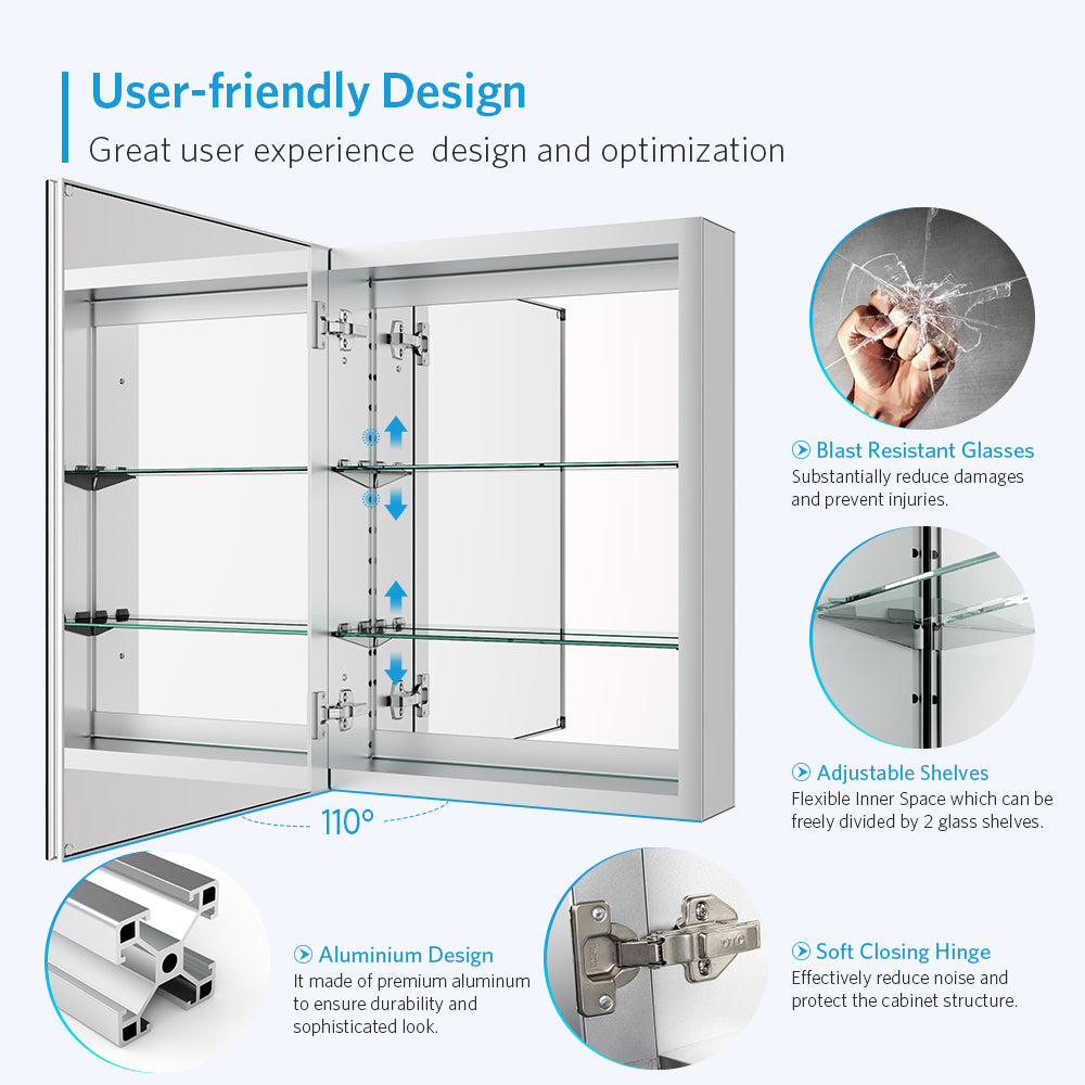 20"x26" Mirrored Medicine Cabinet for Bathroom Recessed or Surface Mount, Silver Aluminum